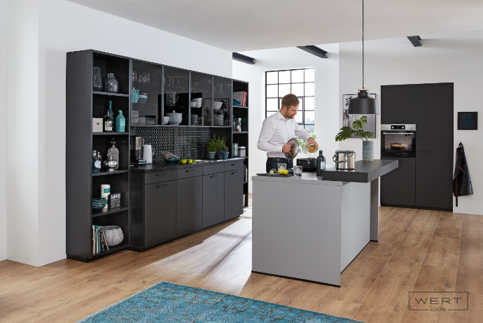 Wert Küche Einbauküche Franziska Onyxschwarz matt Kochinsel Achatgrau